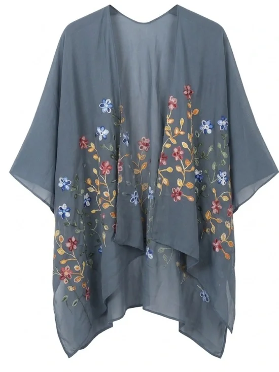 Raj Gray Sheer Floral Embroidered Beach Kimono - Picture 3 of 3